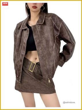 Women's Distressed Faux Leather Bomber Jacket Oversized Motorcycle Jacket